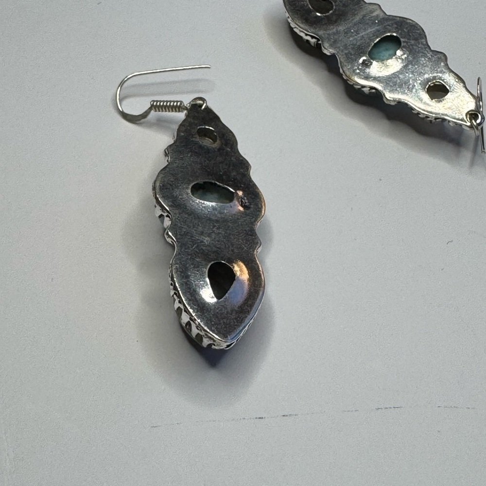 Beautiful Larimar and Fiery Labradorite 925 Silver Plated Earrings 2.5" - Picture 3 of 3